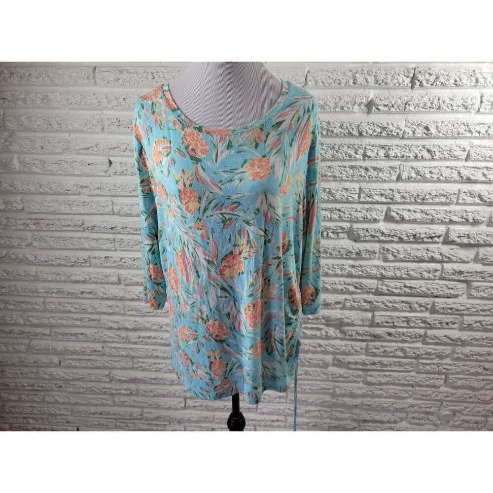 Palm Grove Womens Top 1X Plus 3/4 Sleeve Pullover Tied Hem Blue FLO211E